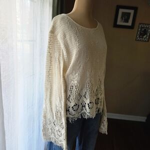 Gimmicks Cream 100% Cotton Crochet Bell Sleeve Top Size L